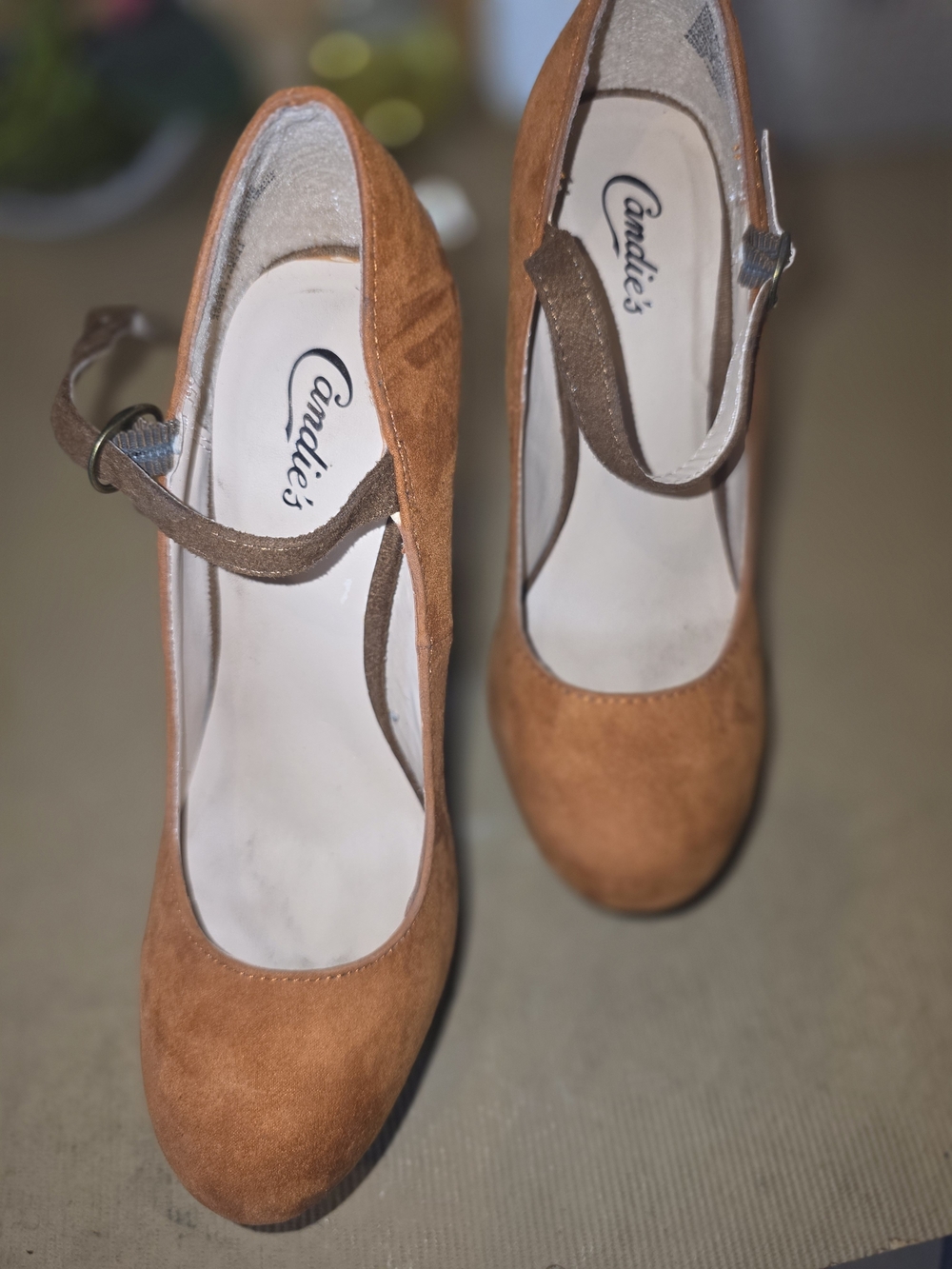 Candie's Tan Suede Mary Jane Heels with Adjustable Strap